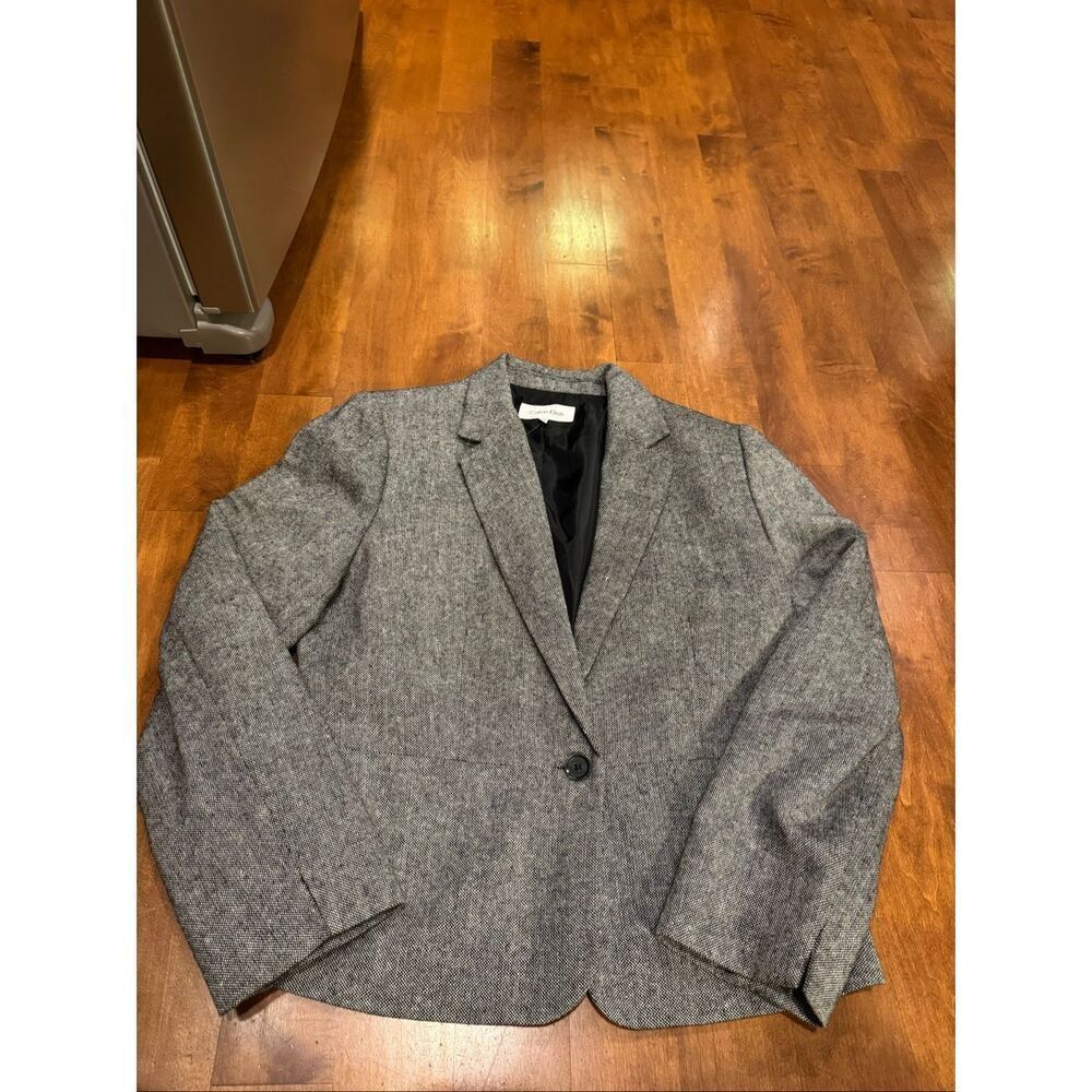 Calvin Klein Women’s Gray Wool Blend Blazer Size 14 Tweed Career Office Jacket